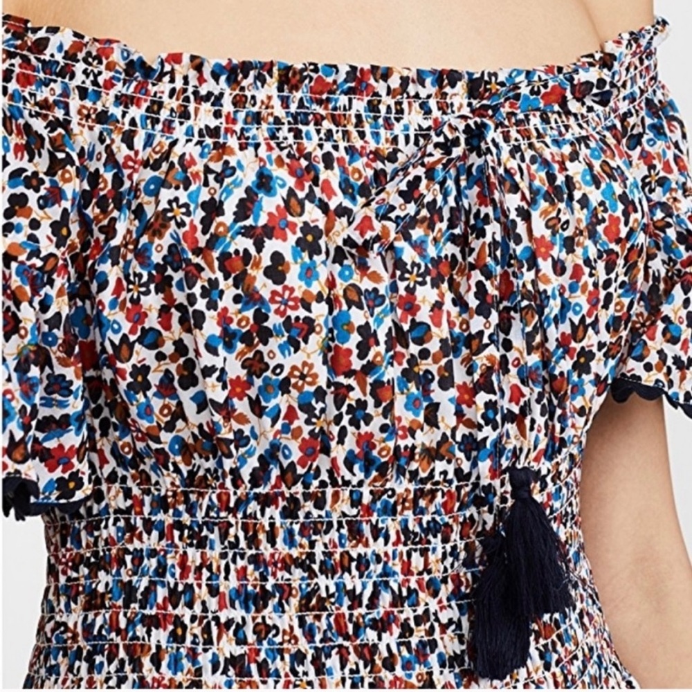 Tory Burch Wildflower Floral Tiered Off shoulder Smoked Navy piping Midi Dress S - Picture 5 of 17